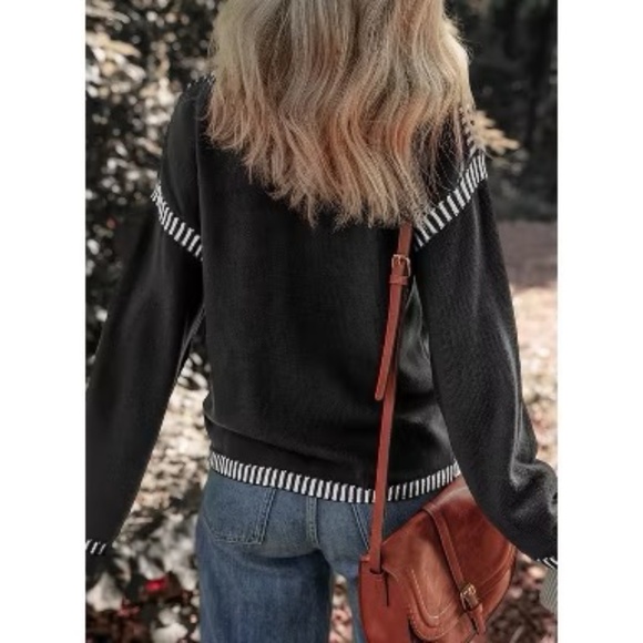 Black Sweater with Black and White Stripe Detail - Picture 3 of 9